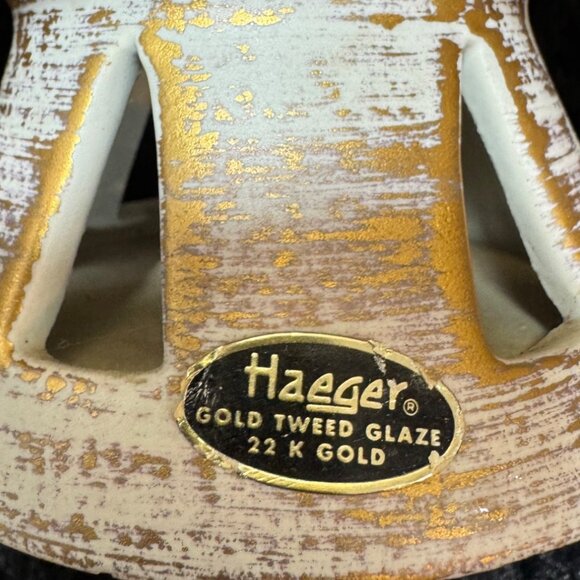Vintage Haeger Royal Pedestal Bowl Gold Tweed Glaze 22K Gold Accents USA-Made - Picture 4 of 8